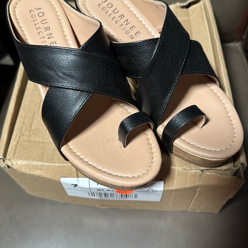 Journee Collection Black Wedge Sandals Minimalist Design